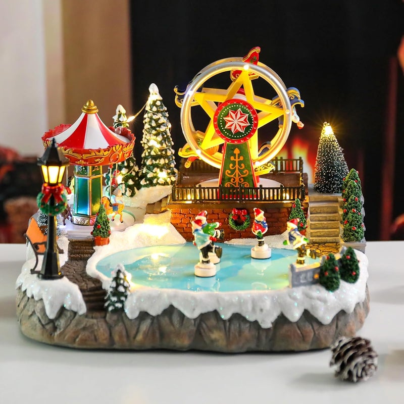 Bdor Christmas Village Lighted Decoration with Carousel, Ferris Wheel, Skaters | 11.4 x 10.4 x 7.7 Inches Animated Holiday Scene with Music & LED Lights for Indoor Home Décor - Image 3